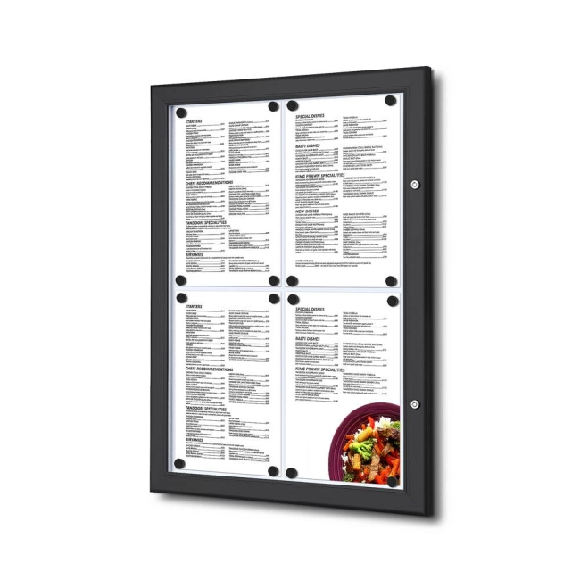 Zewnętrzna gablota na menu 4xA4 czarna – zamykana, do restauracji i hoteli