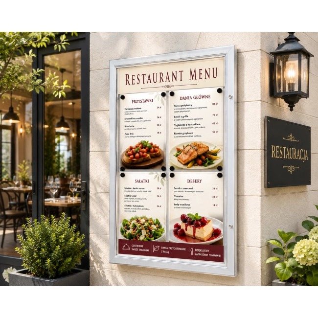 Podświetlana zewnętrzna gablota na menu 4xA4 LED zamontowana przed wejściem do restauracji