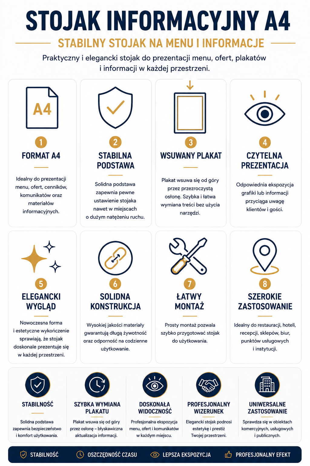Infografika przedstawiająca zalety stojaka informacyjnego A4 z ramką OWZ i stabilną podstawą do prezentacji menu, ofert oraz informacji
