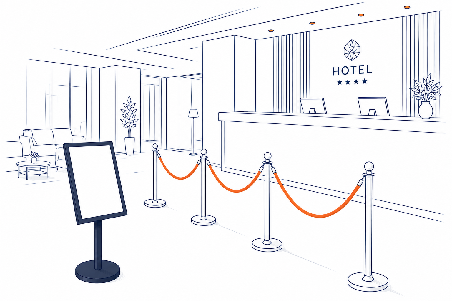 Recepcja hotelowa ze słupkami odgradzającymi